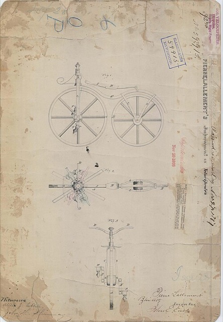 Pierre Lallement's 1866 velocipede patent drawing