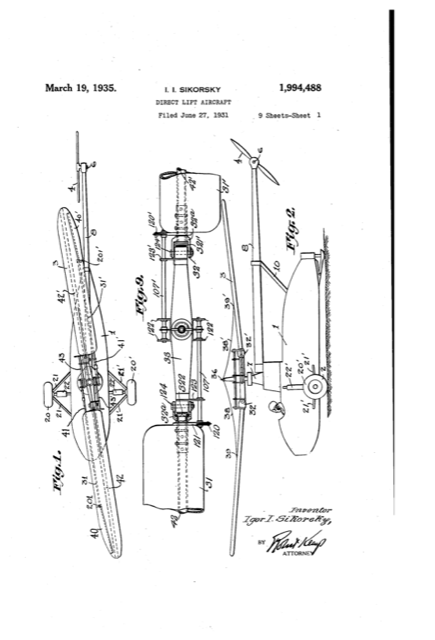 Igor Sikorsky's 1935 direct lift aircraft patent drawing