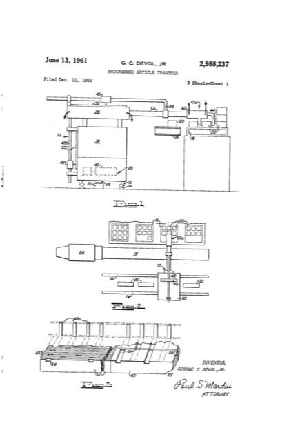 George Devol's 1961 programmed article transfer patent drawing